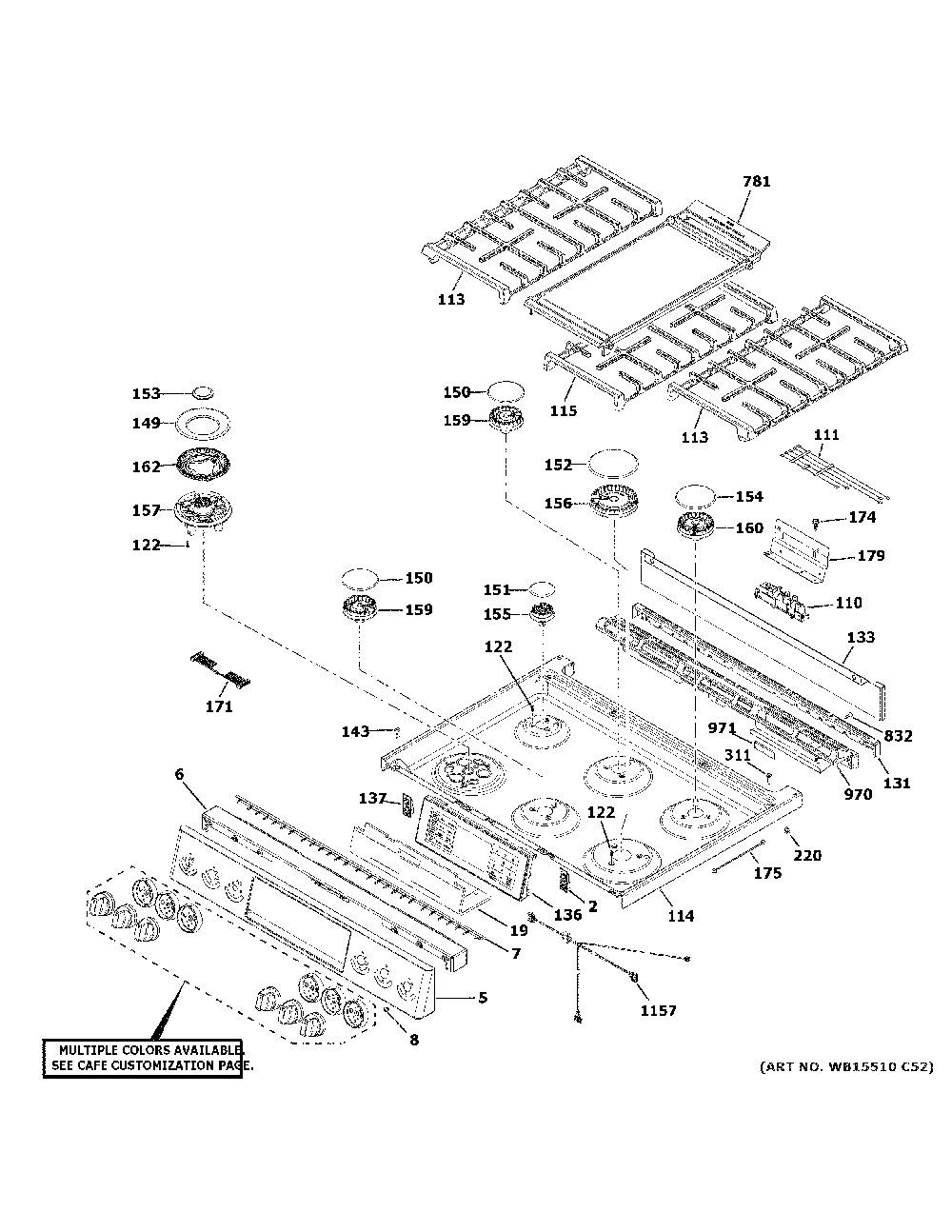Control Panel And Cooktop Diagram and Parts List for CGS750P3M3D1  General Electric Range