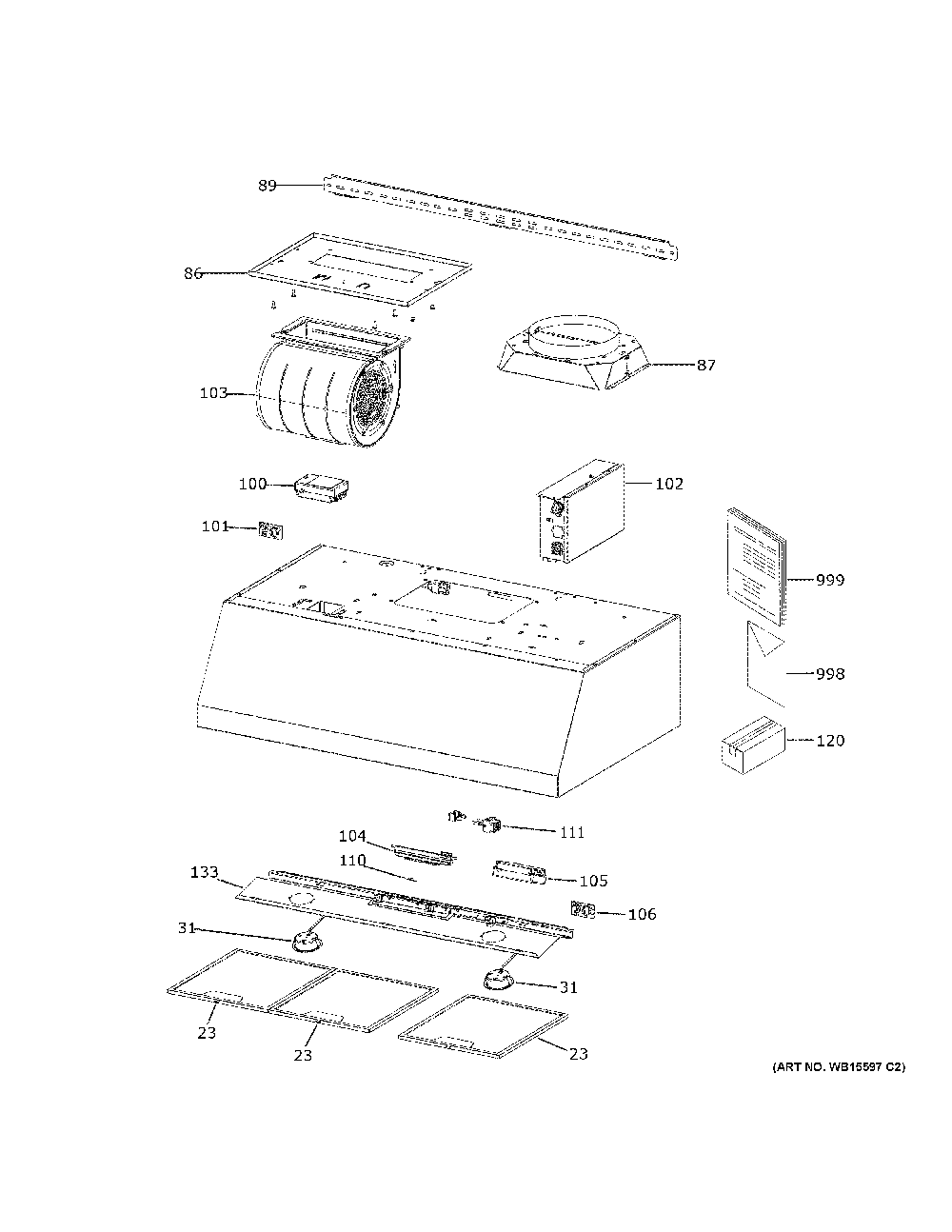 Range Hood Diagram and Parts List for UVW8364SP1SS  General Electric Range Hood