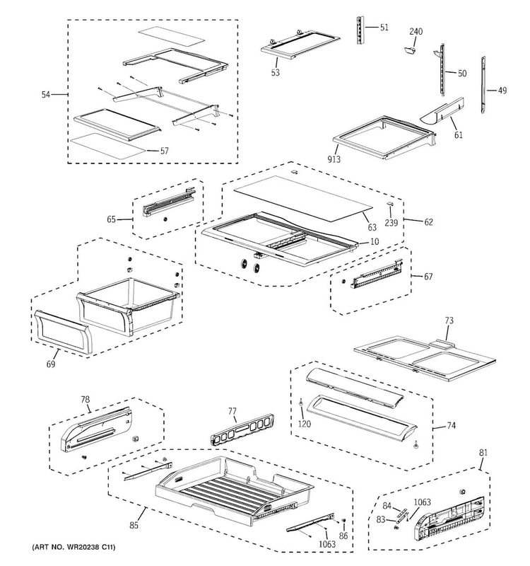 Fresh Food Shelves Diagram and Parts List for PFSS6PKXFSS  General Electric Refrigerator