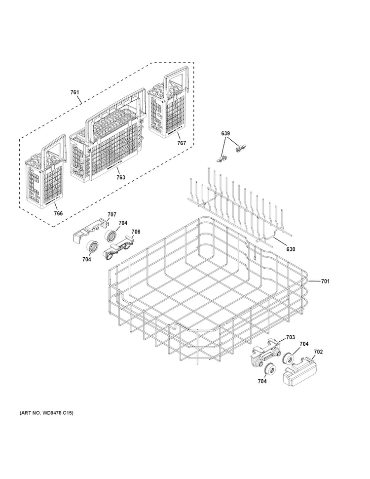 Lower Rack Assembly Diagram and Parts List for GDT635HSJ0SS  General Electric Dishwasher
