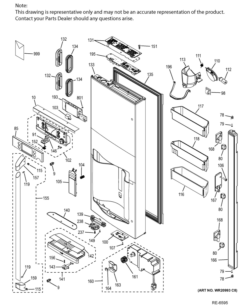 Dispenser Door Diagram and Parts List for GFMS140ED1WW  General Electric Refrigerator