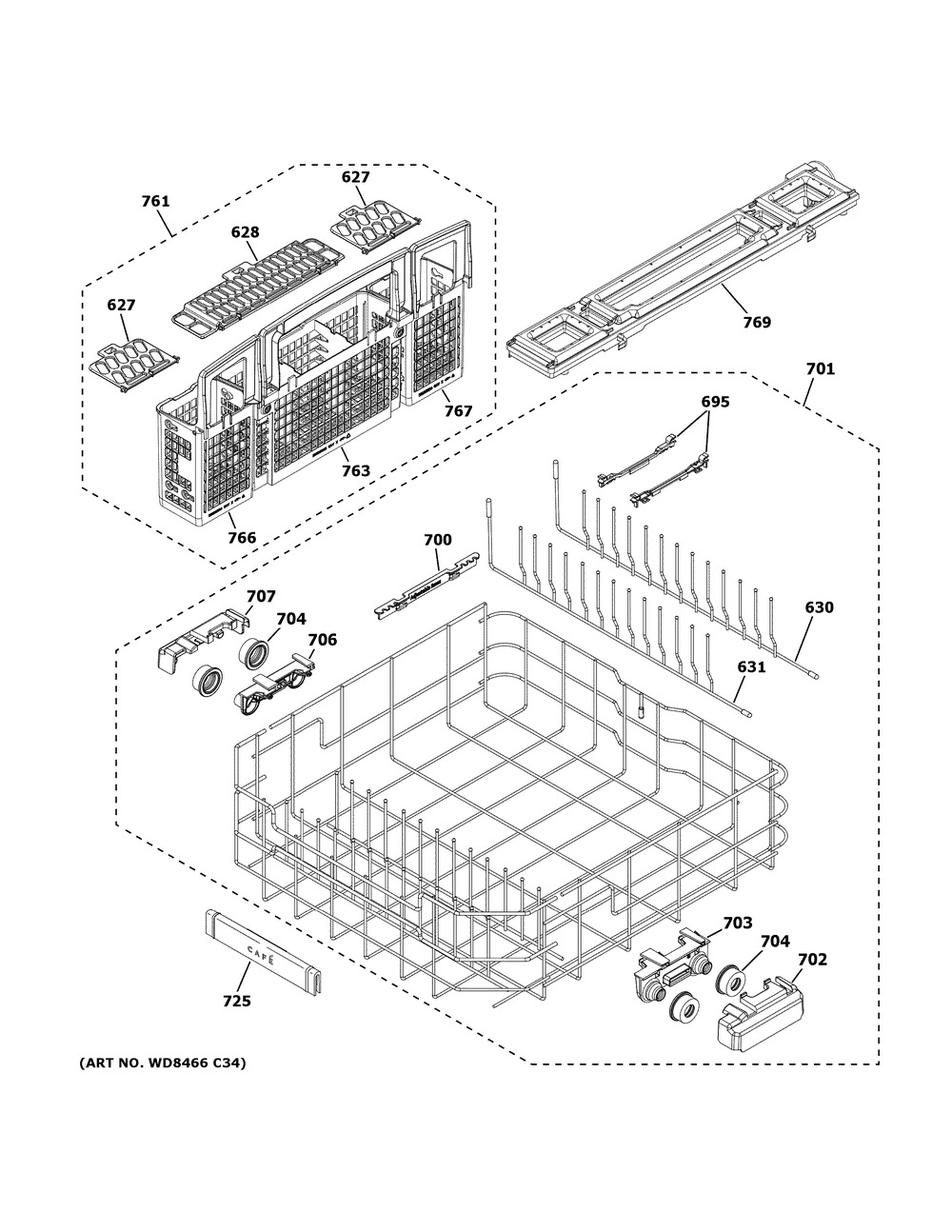 Lower Rack Assembly Diagram and Parts List for CDT845P3N1D1  General Electric Dishwasher