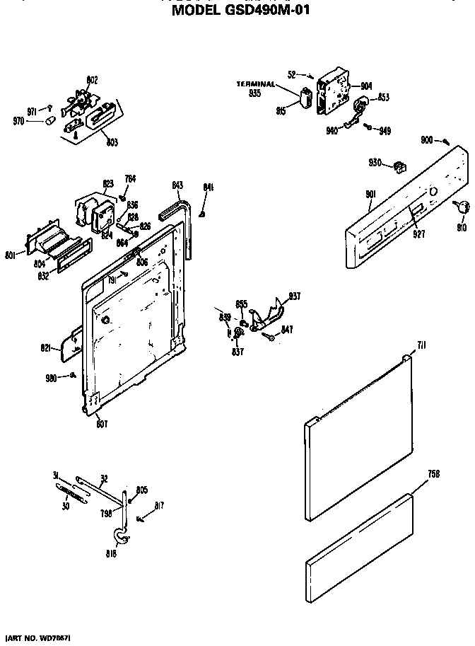 Front/control Panel Diagram and Parts List for GSD490M-01  General Electric Dishwasher