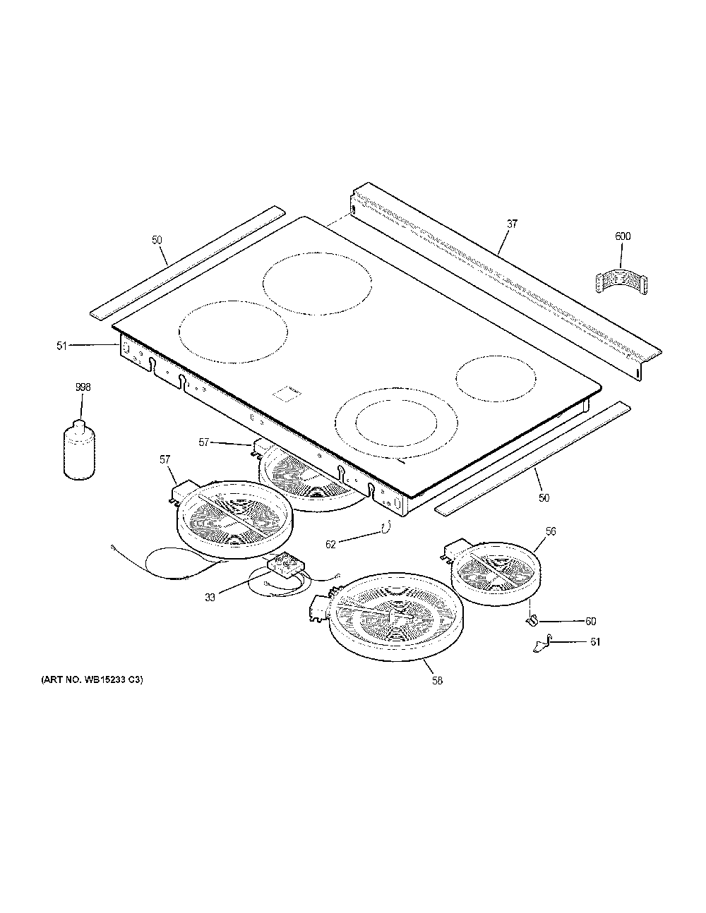 Cooktop Diagram and Parts List for JD630DF9BB  General Electric Range