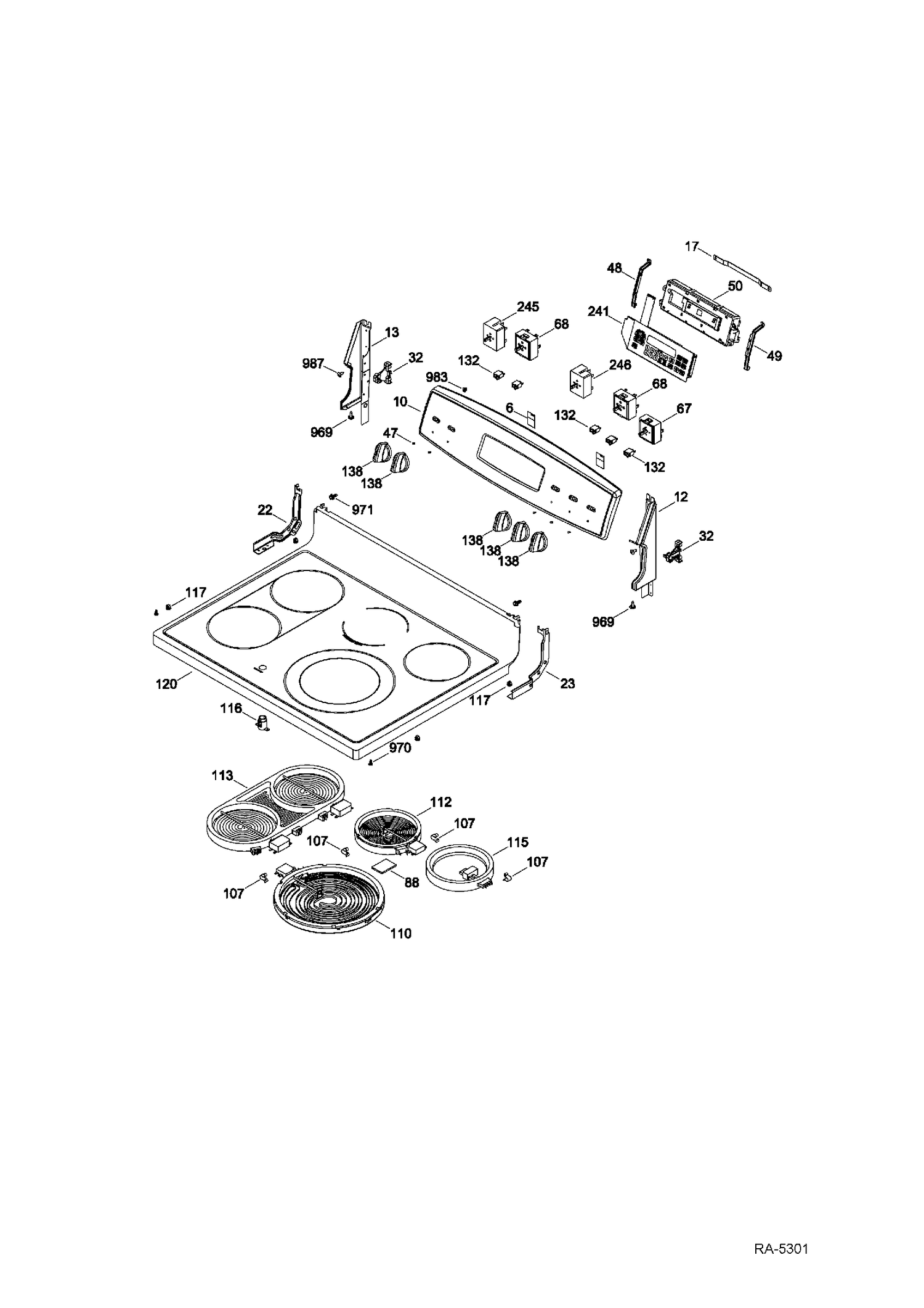 CONTROL PANEL & COOKTOP Diagram and Parts List for JCB870SF1SS  General Electric Range