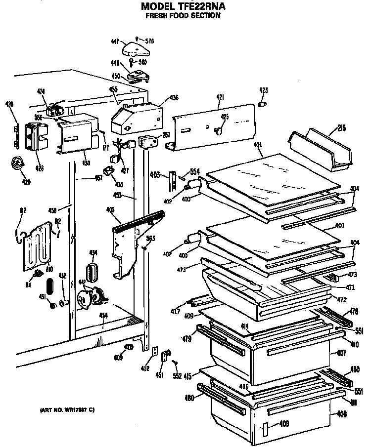 Fresh Food Section Diagram and Parts List for TFE22RNA  General Electric Refrigerator