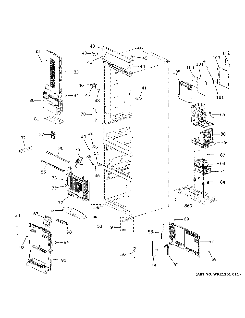 Cabinet Diagram and Parts List for GLE12HSPARSS  General Electric Refrigerator
