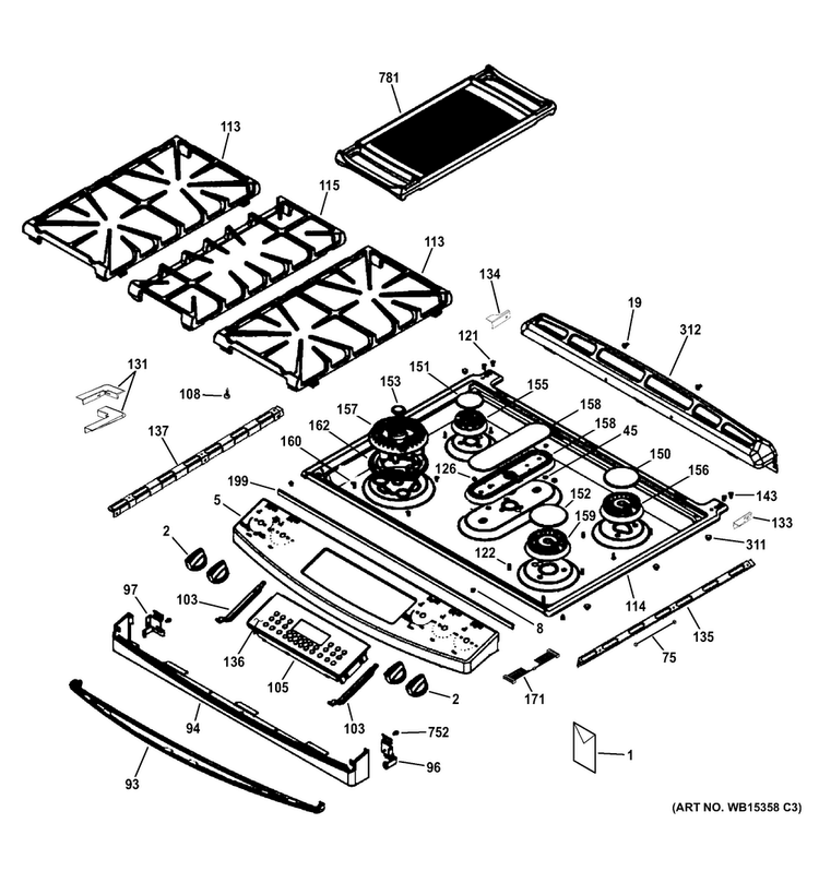 Control Panel & Cooktop Diagram and Parts List for PGS950EEF1ES  General Electric Range