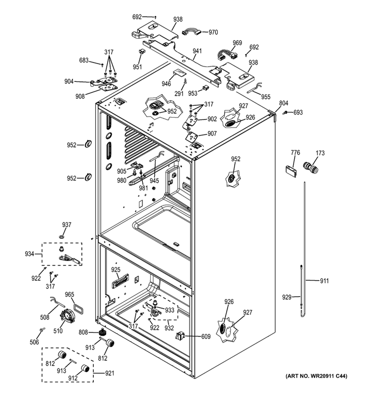 Case Parts Diagram and Parts List for PFE29PSDFSS  General Electric Refrigerator