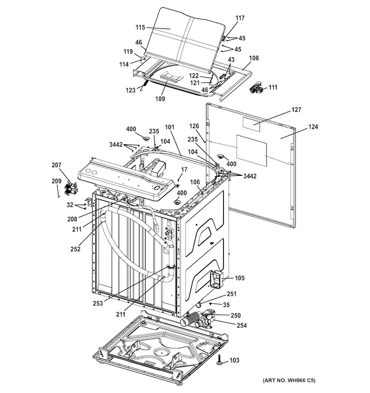 Cabinet Diagram and Parts List for GTUN275EM2WW  General Electric Washer Dryer Combo