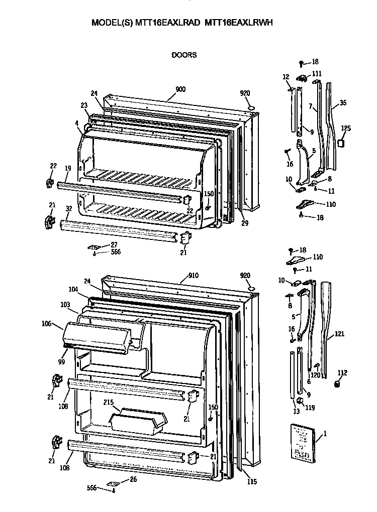 Doors Diagram and Parts List for MTT16EAXLRWH  General Electric Refrigerator