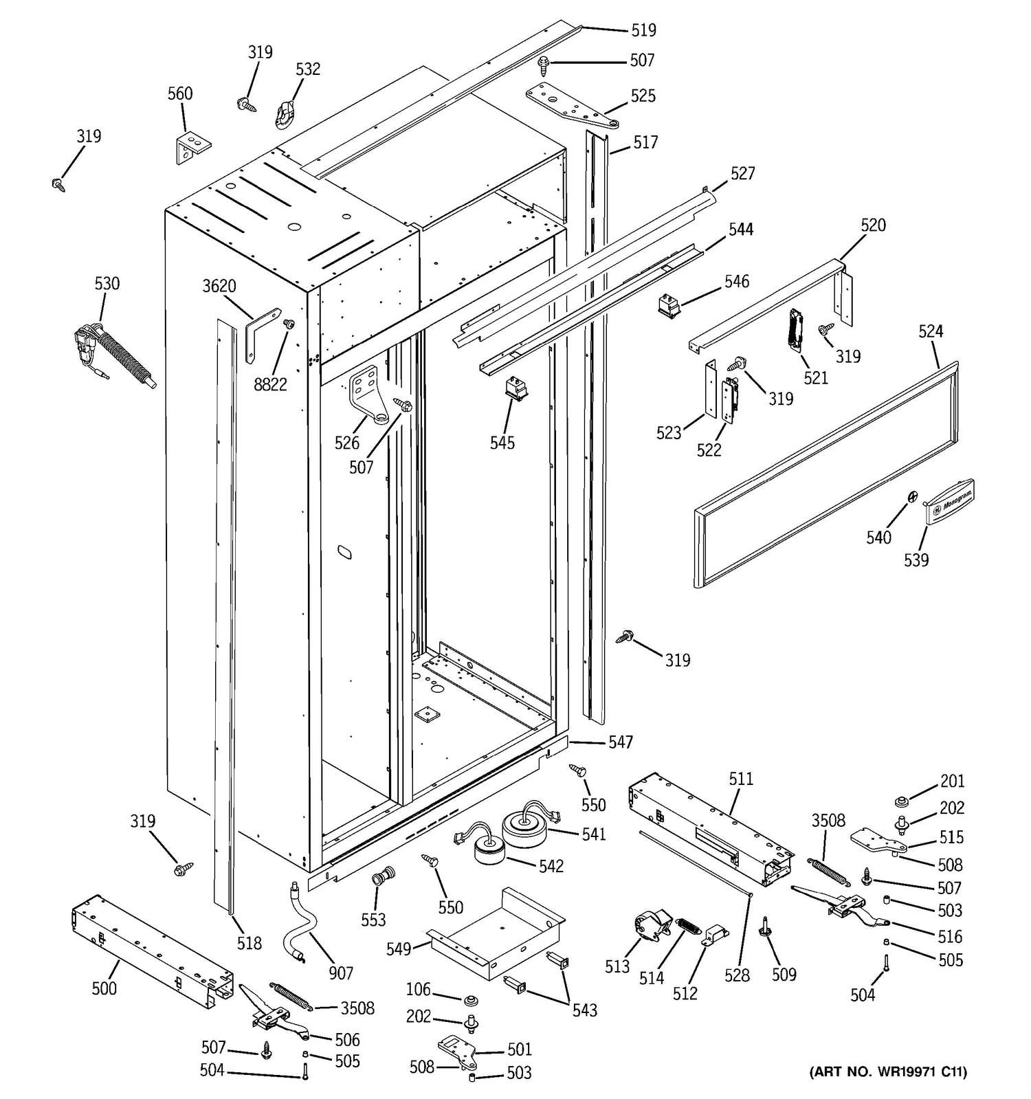 CASE PARTS Diagram and Parts List for ZISS360DRKSS  General Electric Refrigerator