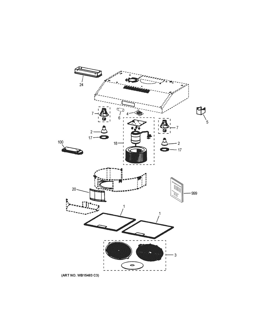 Range Hood Diagram and Parts List for PVX7300FJ2DS  General Electric Range Hood