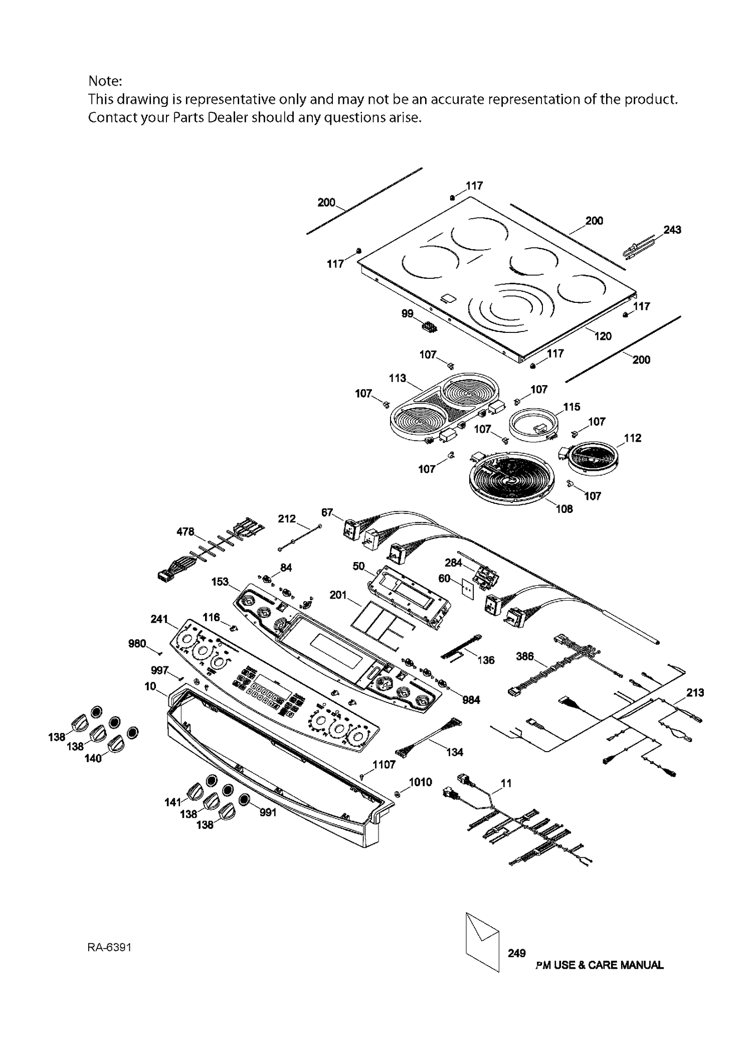 CONTROL PANEL & COOKTOP Diagram and Parts List for PCS940DF3WW  General Electric Range