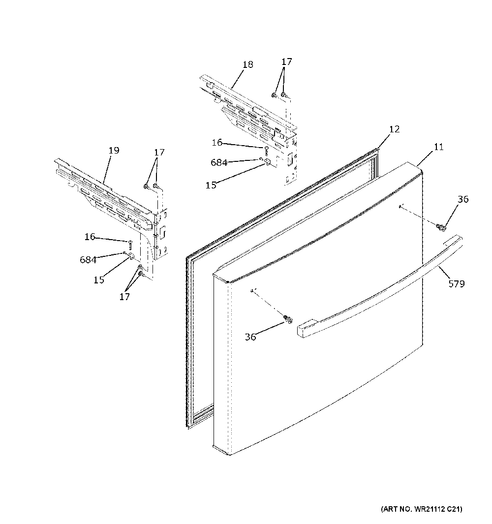 Freezer Door Diagram and Parts List for GFE26JYMWFFS  General Electric Refrigerator