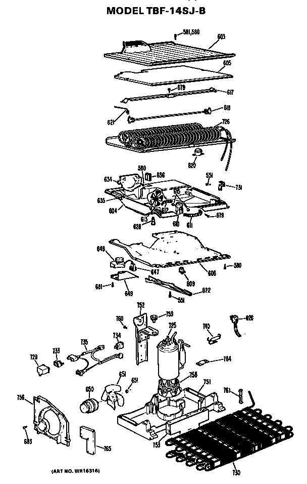 Unit Diagram and Parts List for TBF14SJBL  General Electric Refrigerator