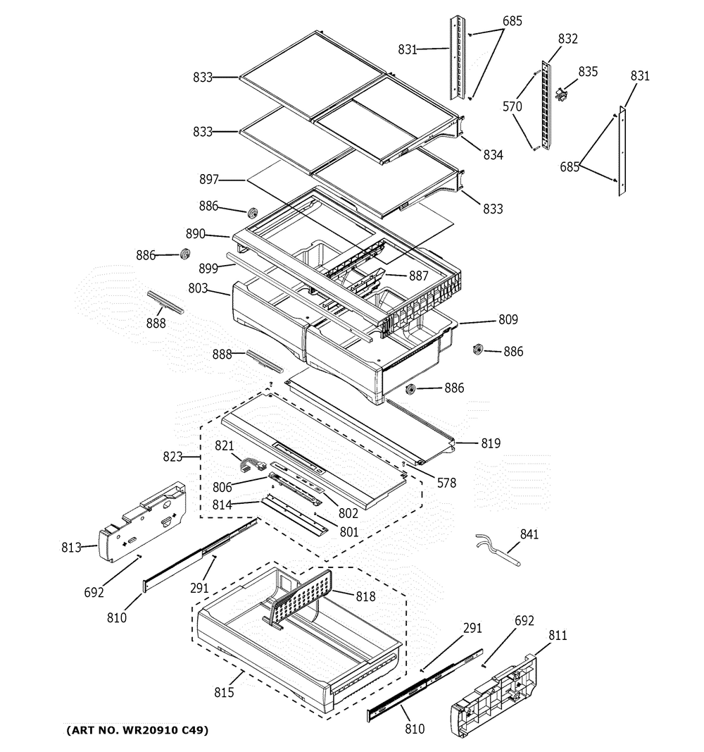 Fresh Food Shelves Diagram and Parts List for PFE28KYNKFS  General Electric Refrigerator