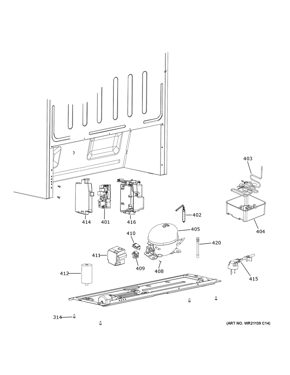 Machine Compartment Diagram and Parts List for FUF21DLREWW  General Electric Refrigerator