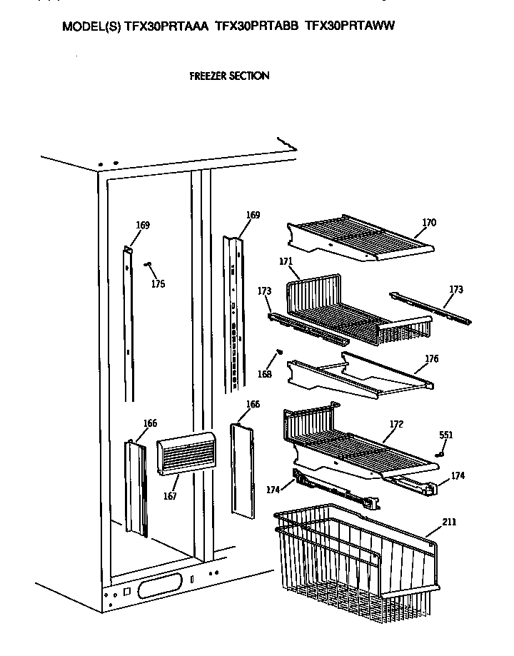 Freezer Section Diagram and Parts List for TFX30PRTABB  General Electric Refrigerator