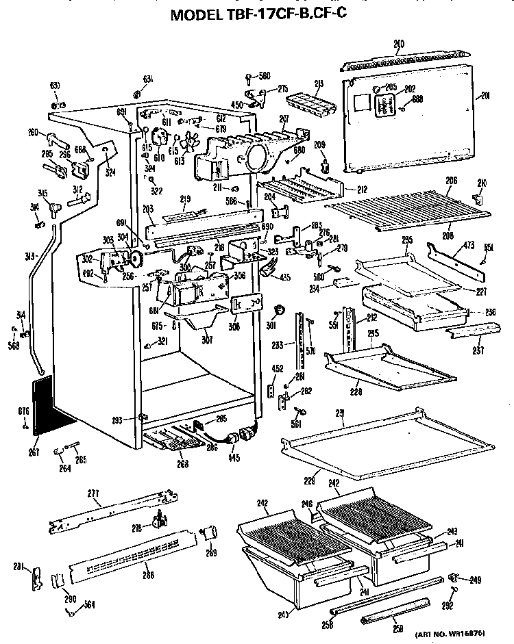 Cabinet And Shelves Diagram and Parts List for TBF17CFB  General Electric Refrigerator