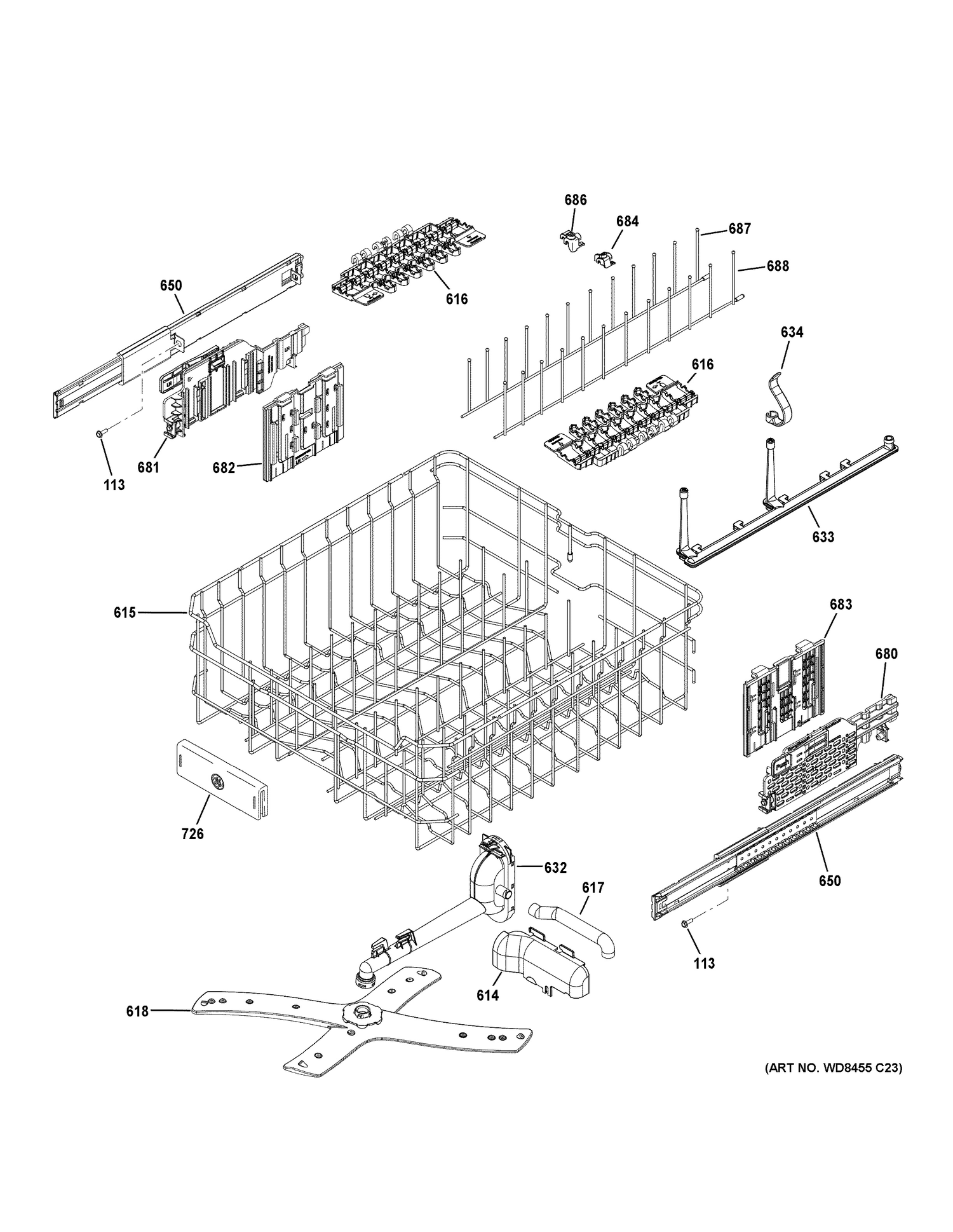 UPPER RACK ASSEMBLY Diagram and Parts List for CDT835SMJ2DS  General Electric Dishwasher