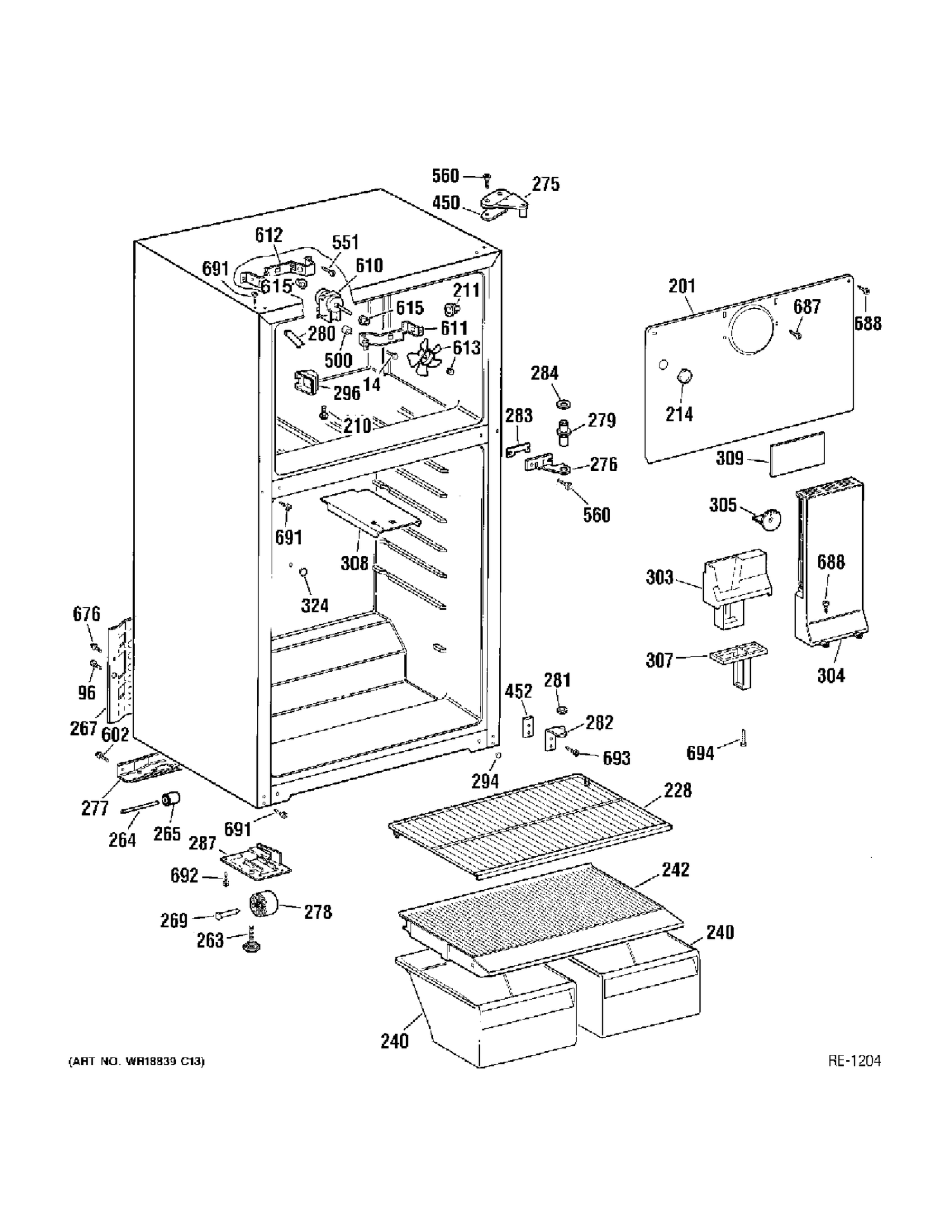 CABINET Diagram and Parts List for CTS18ABMDRWW  General Electric Refrigerator
