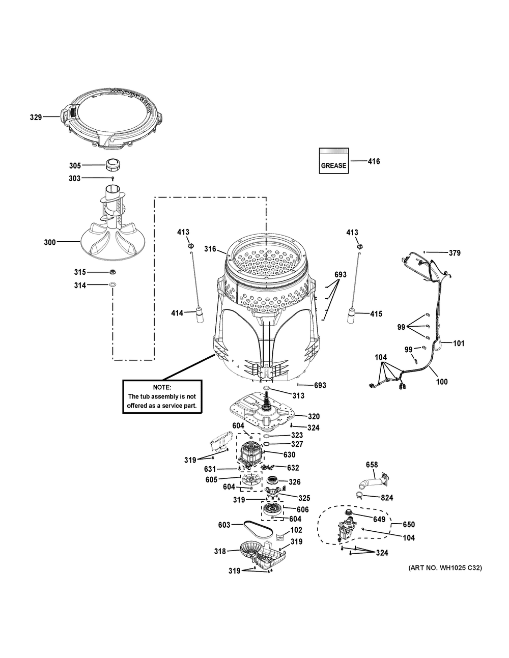 Tub And Motor Diagram and Parts List for GTW220ACW0WW  General Electric Washer