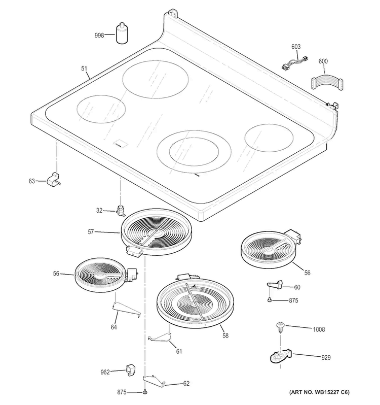Cooktop Diagram and Parts List for JB630DF2WW  General Electric Range