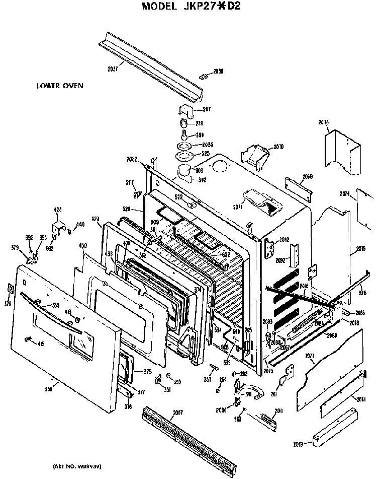 Lower Oven Diagram and Parts List for JKP27*D2  General Electric Wall Oven