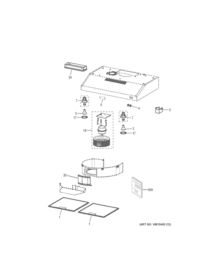 Range Hood Diagram and Parts List for JVX5305E1JES  General Electric Range Hood