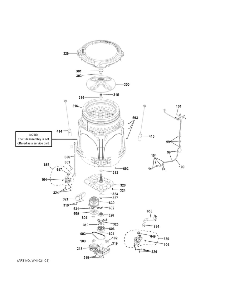 Tub & Motor Diagram and Parts List for GTW680BSJ4WS  General Electric Washer