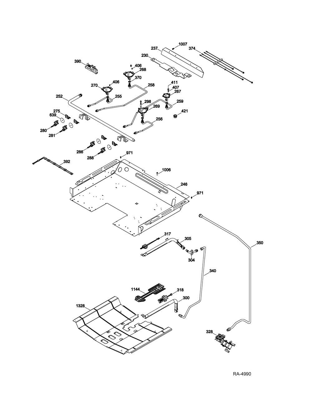 Gas Burner Diagram and Parts List for JVM1540LMC42  General Electric Range