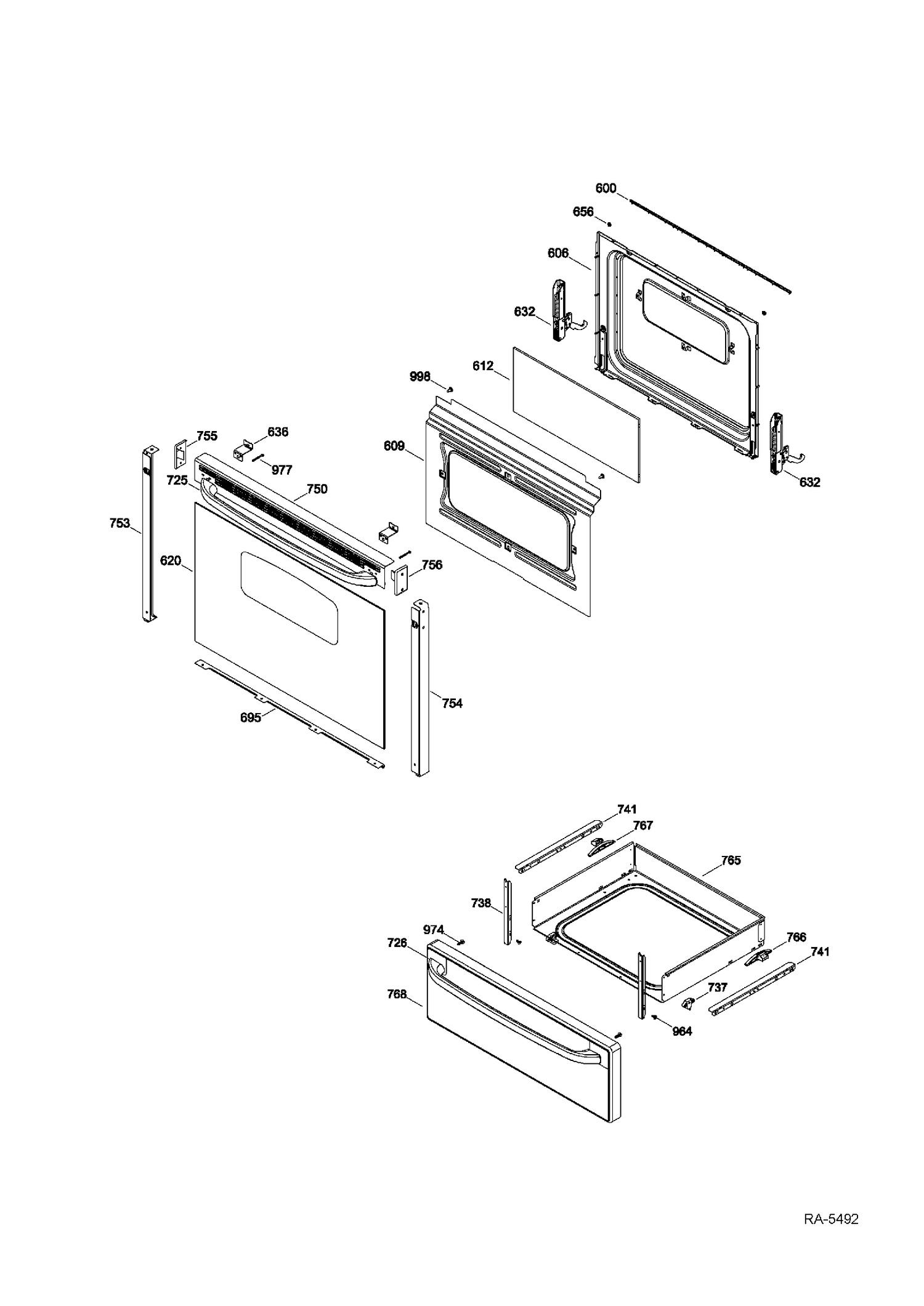 DOOR & DRAWER Diagram and Parts List for JCBS250ST3SS  General Electric Range