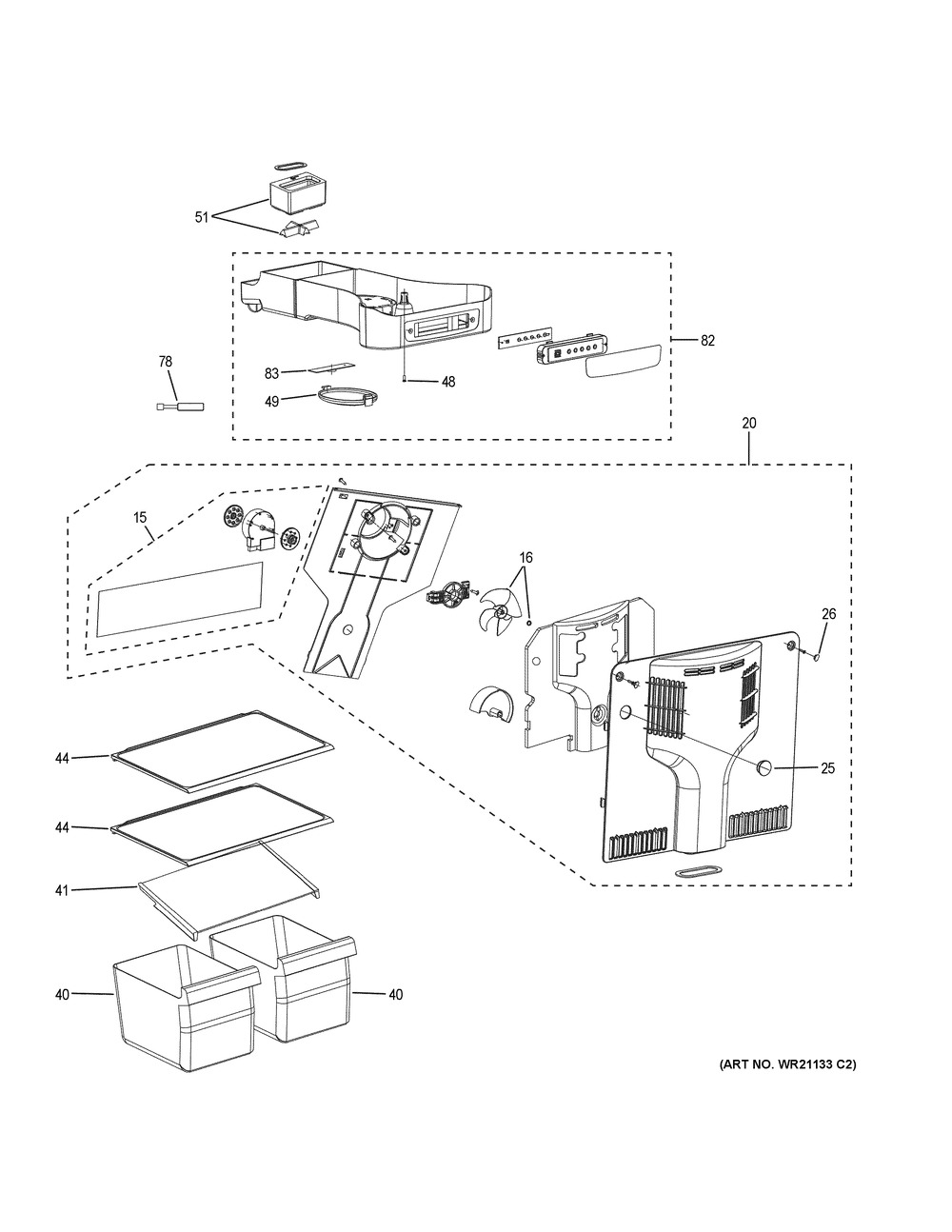 Fresh Food Section Diagram and Parts List for GPE12FGKCWW  General Electric Refrigerator