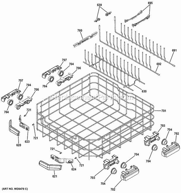 Lower Rack Assembly Diagram and Parts List for GDT580SSF0SS  General Electric Dishwasher