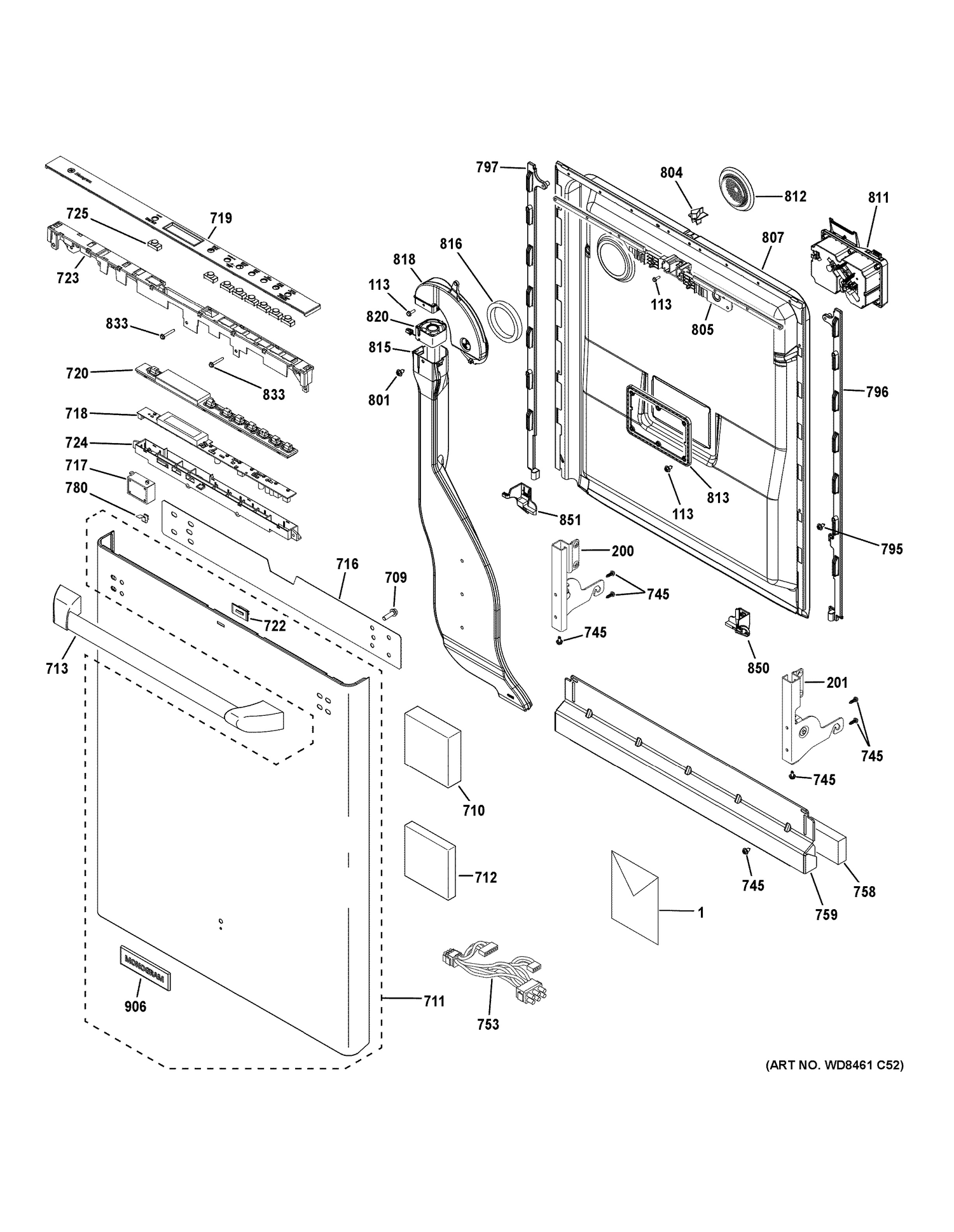 ESCUTCHEON & DOOR ASSEMBLY Diagram and Parts List for ZDT915SPJ2SS  General Electric Dishwasher