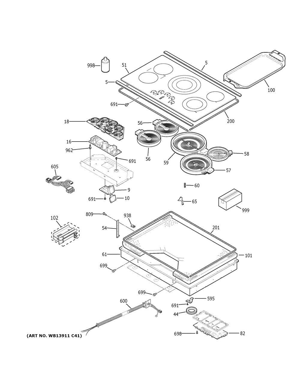 Control Panel & Cooktop Diagram and Parts List for CEP90362N1SS  General Electric Cooktop