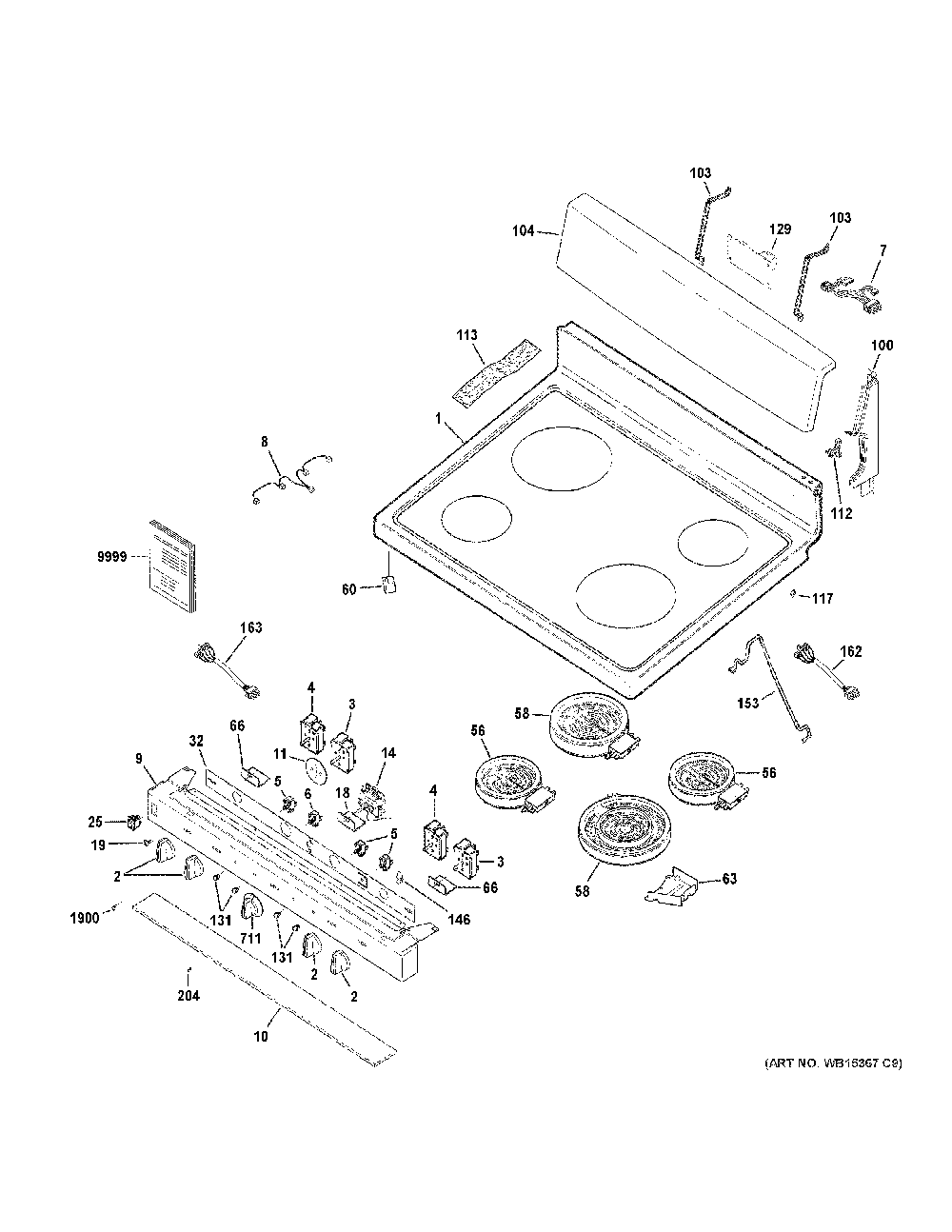 Control Panel Diagram and Parts List for JB480DT1WW  General Electric Range