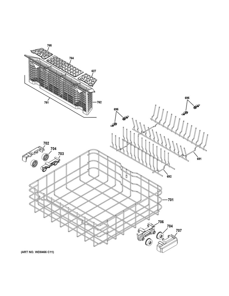 Lower Rack Assembly Diagram and Parts List for GDF570SGF2WW  General Electric Dishwasher