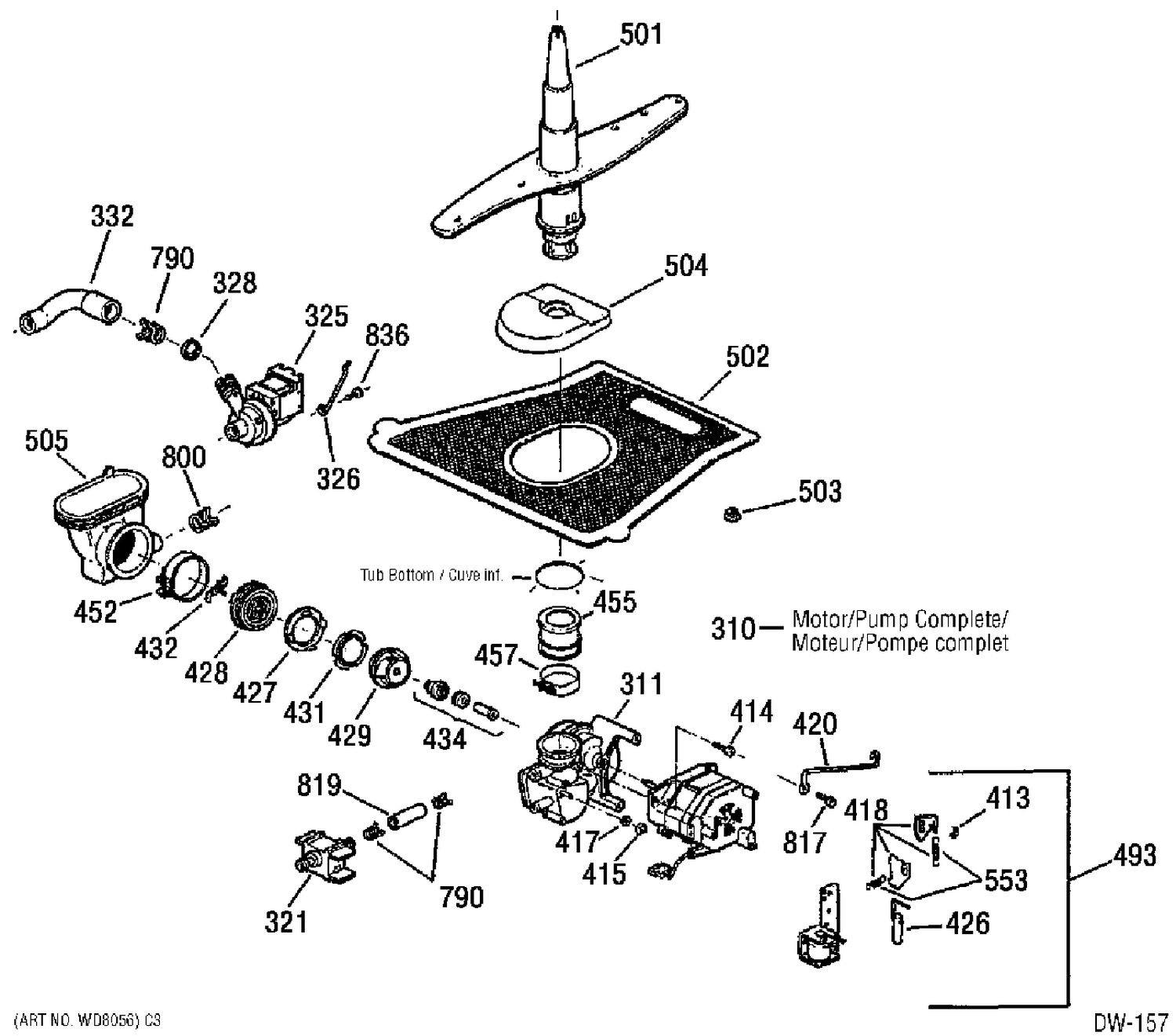 MOTOR & PUMP Diagram and Parts List for GSD5911D00WW  General Electric Dishwasher