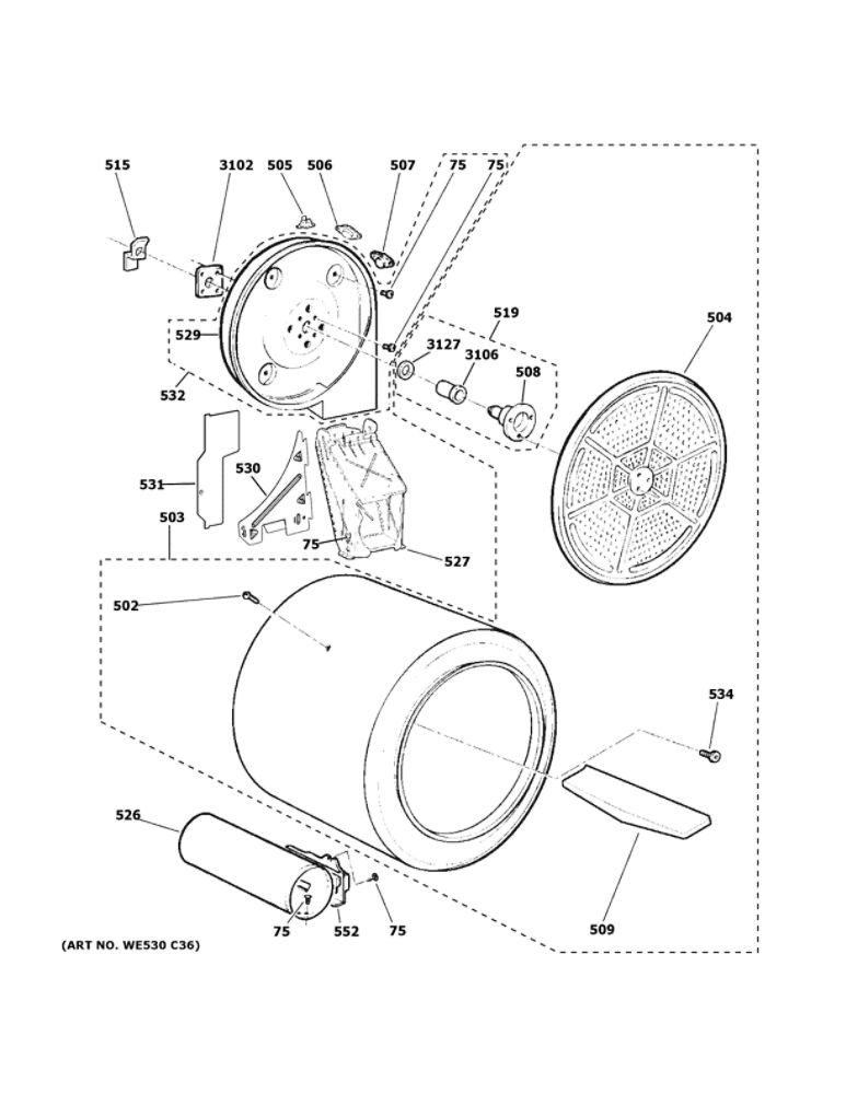 Drum Diagram and Parts List for GTX52GASP0WB  General Electric Dryer