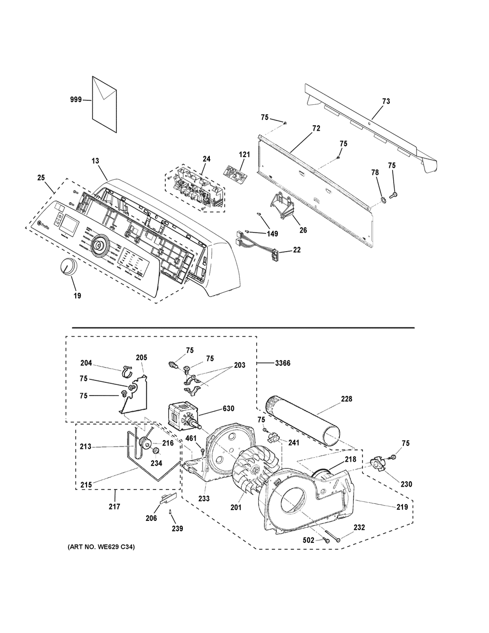 Backsplash, Blower And Motor Assembly Diagram and Parts List for PTD60EBSR2WS  General Electric Dryer