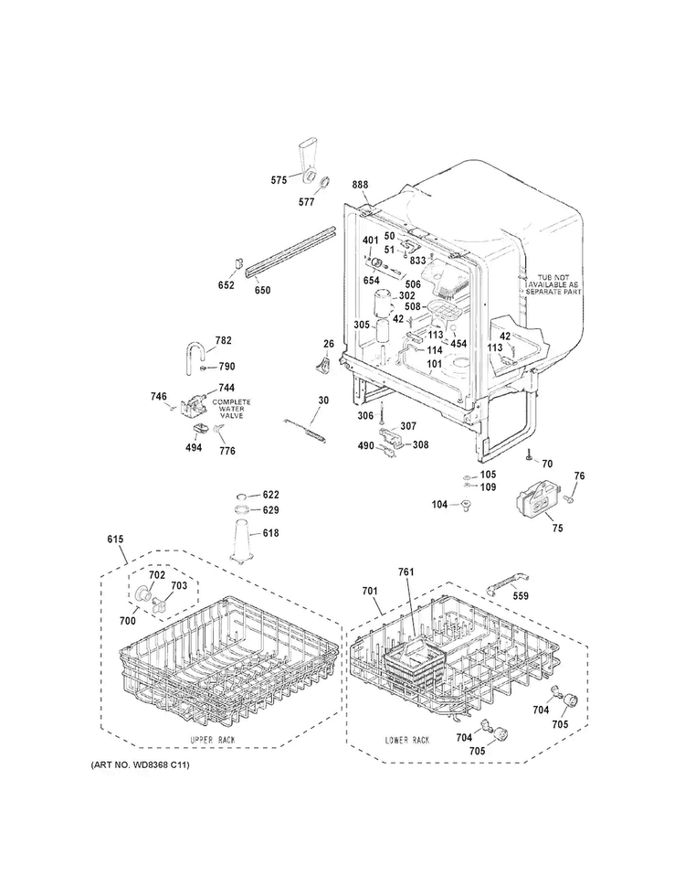 Body Parts Diagram and Parts List for GSC3500D51WW  General Electric Dishwasher
