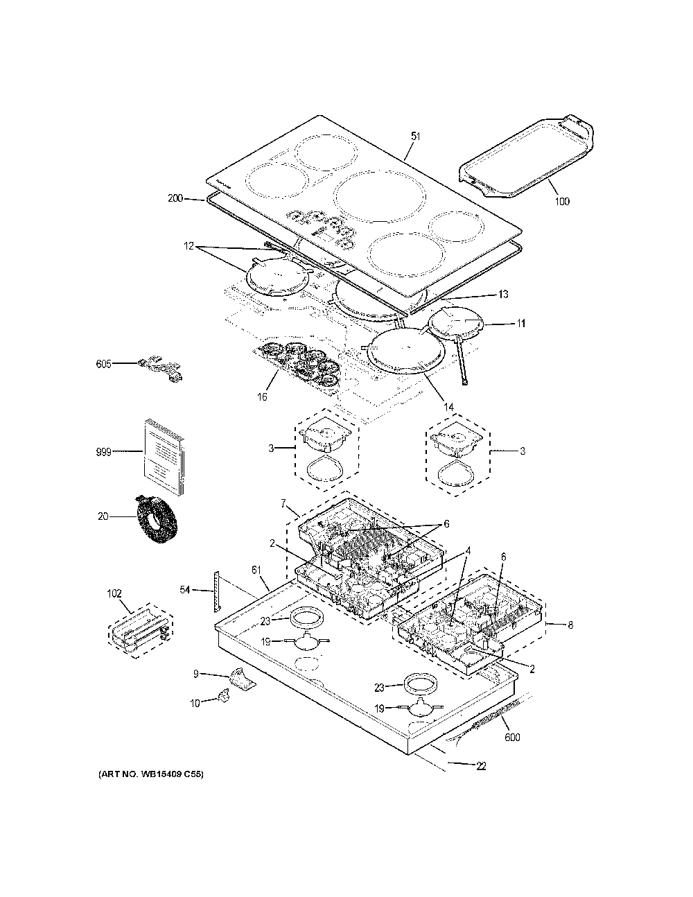 Control panel & cooktop Diagram and Parts List for ZHU36RSJ6SS  General Electric Cooktop