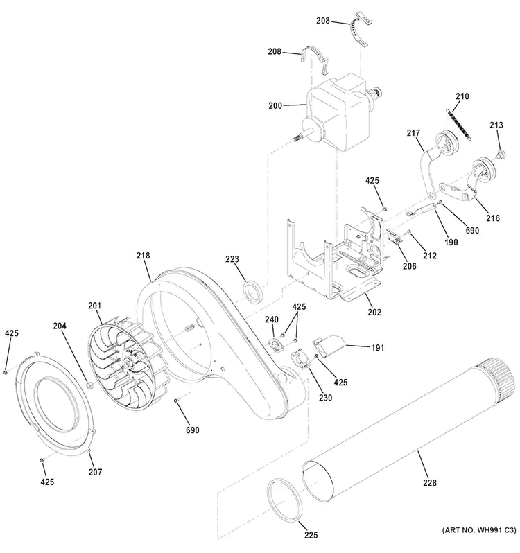 Blower & Motor Diagram and Parts List for GFDR485EF1MC  General Electric Dryer