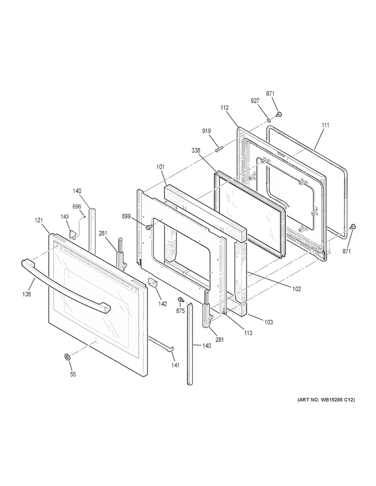 Door Diagram and Parts List for JB755SJ2SS  General Electric Range