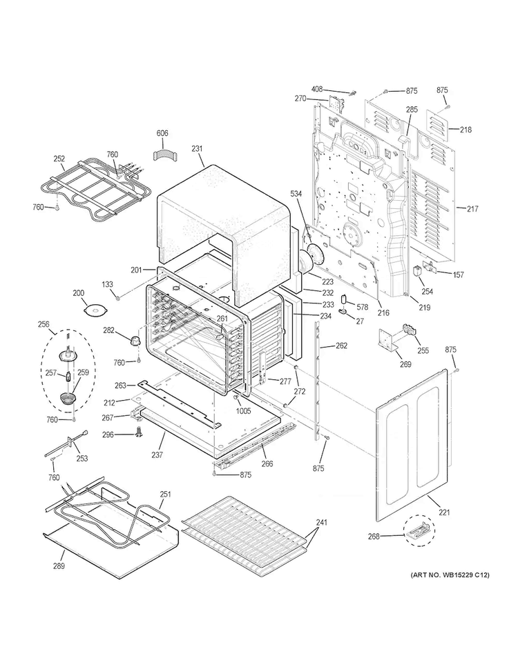 Lower Oven Diagram and Parts List for PB960SJ2SS  General Electric Range