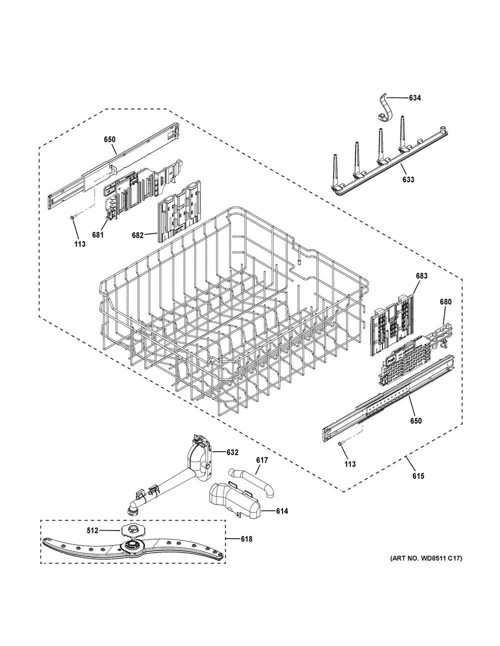 Upper Rack Assembly Diagram and Parts List for GDF670SYV3FS  General Electric Dishwasher