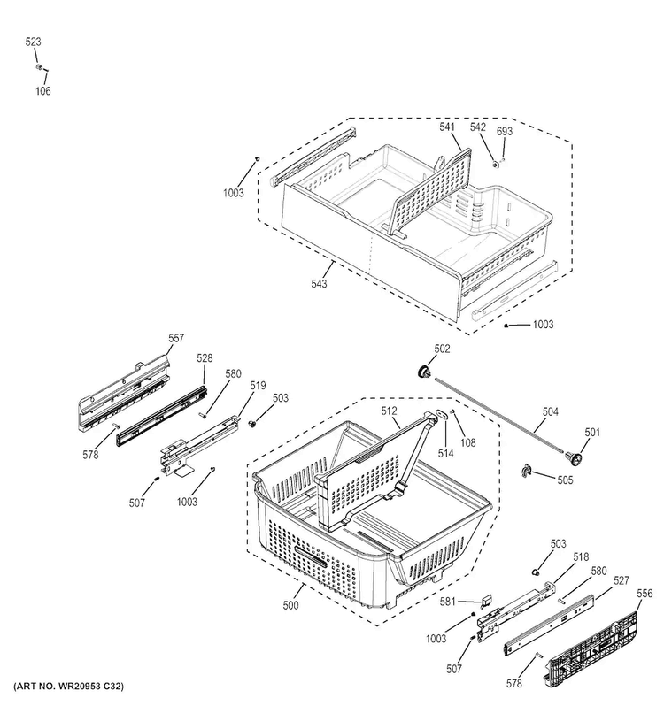 Freezer Shelves Diagram and Parts List for DFE28JMKBES  General Electric Refrigerator
