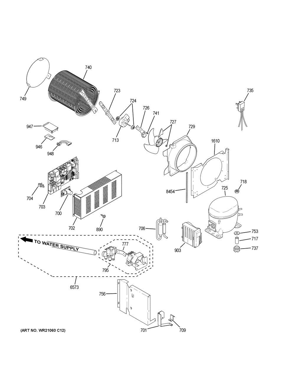 Machine Compartment Diagram and Parts List for ZISB360DKC  General Electric Refrigerator